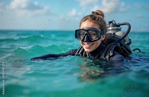 Woman scuba diving in calm ocean water. Smiling female diver in wetsuit with scuba gear. Woman wearing diving mask, smiling. Photo shows activity in turquoise sea. In relaxed position in beautiful