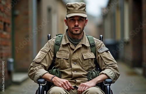 Man in military uniform sits in wheelchair. Military personnel with light khaki uniform, cap. Man serious-looking, alert. Urban background blurred street alley. Person appears to veteran of sort.