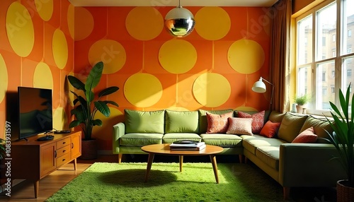 Retro 1970s 70s disco living room with geometric shape wallpaper in orange and yellow, a green shag carpet and disco ball