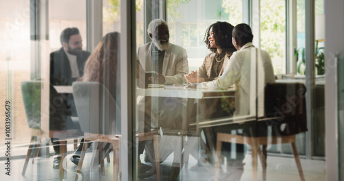 Business, people and meeting at boardroom for strategy, planning and report or feedback as property developer. Diversity, employees and happy at office with discussion, teamwork and collaboration