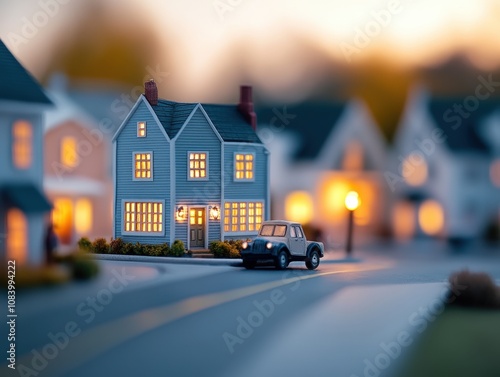 miniature house with illuminated windows and a toy car on a quiet street