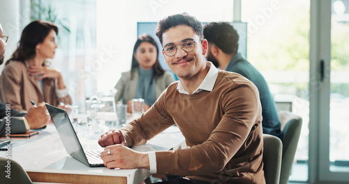 Business man, portrait and laptop in meeting with website research, proposal and planning at finance job. Office, accountant or online bookkeeper with computer for company revenue, growth and news