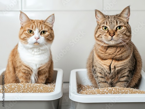 Two cats, an orange tabby and a brown tabby, sitting in separate litter boxes, symbolizing pet hygiene and litter training.