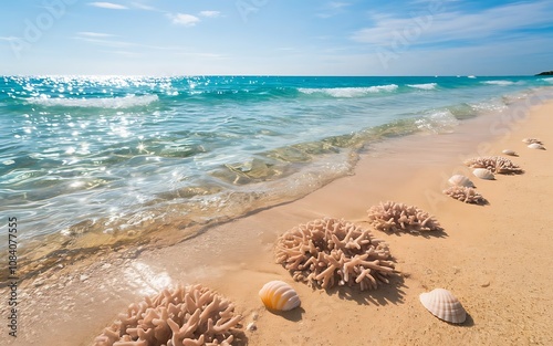 Radiant Summer Beach with Golden Sands and Turquoise Waves