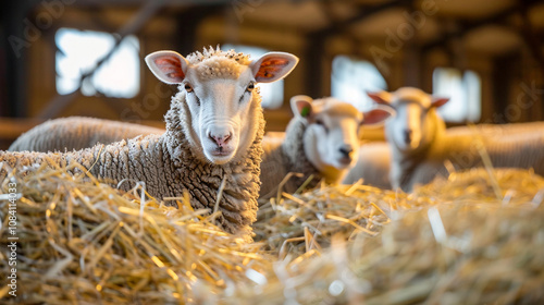 Sheep munching on fresh hay inside cozy farm shed