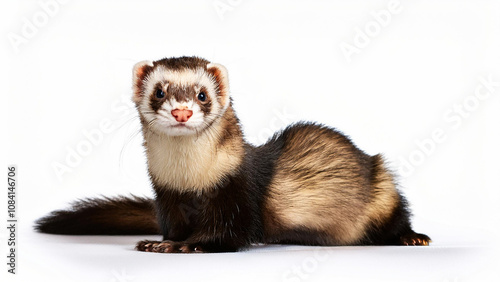 Ferret lies comfortably on a white background.