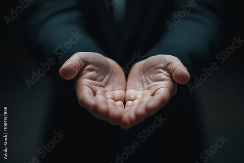 Open hands in a formal setting expressing a gesture of offering or receiving support and kindness