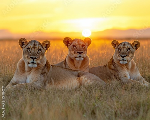 In the golden glow of an African sunset, a trio of lionesses sits poised in the tall grass, embodying a serene yet powerful presence in nature.