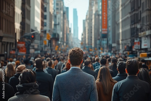 Man Walks Straight Ahead Through Busy City Street Crowd