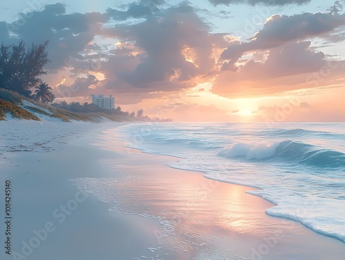 A serene beach at sunrise, featuring gentle waves lapping at the shore, with a soft pastel color palette and wispy clouds in the sky, creating a tranquil mood.