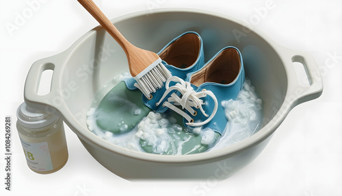 Shoes washing on bowl, use brush, old toothbrush and detergent to clean and scrub. Concept, take care, maintenance footwears from dirt and bad smell for using long time. Hygienic ,sanitary and healt