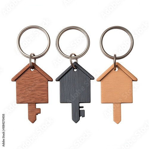 A trio of wooden house-shaped keychains, each featuring a key design, showcasing a mix of natural wood tones.