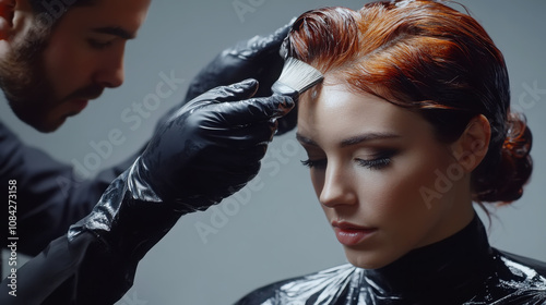 Professional hairstylist applying hair color to client in salon setting for modern makeover