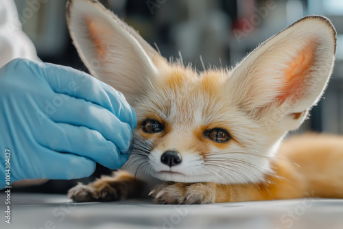 A taxidermist carefully working on preserving an exotic mammal, like a fennec fox, in a clean, controlled workshop environment.