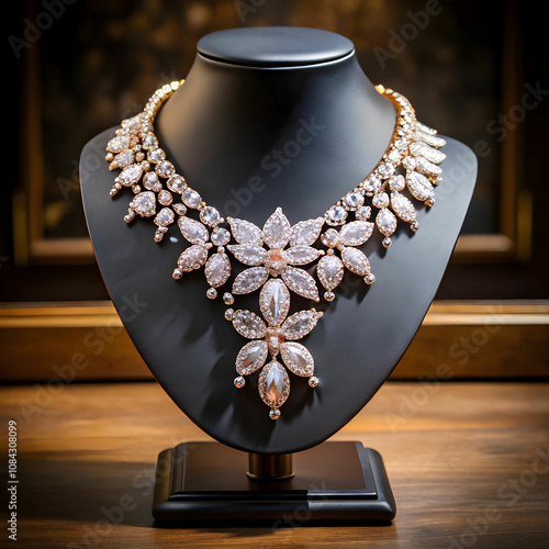 beautiful and luxury necklace on jewelry stand nec