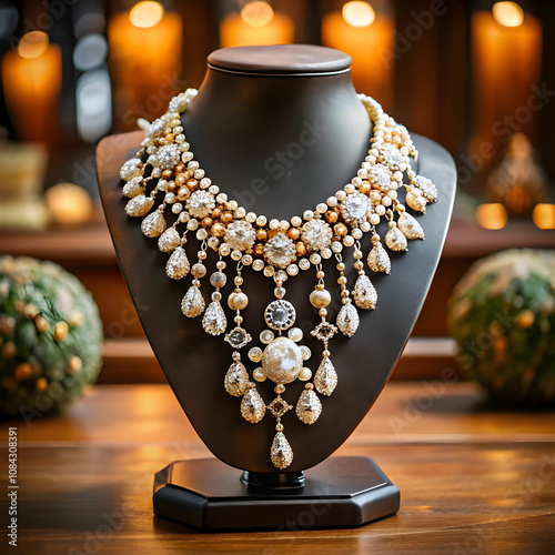 beautiful and luxury necklace on jewelry stand nec