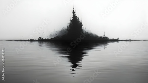 Abstract black ink splash on water creating a symmetrical reflection.