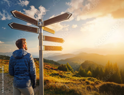 Person stands at crossroad with multiple blank signposts pointing in different directions. Male explorer looks from top of the hill at sunset had to decide which way to choose