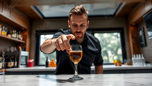 Man rejecting glass of alcohol indoors with white shades, png