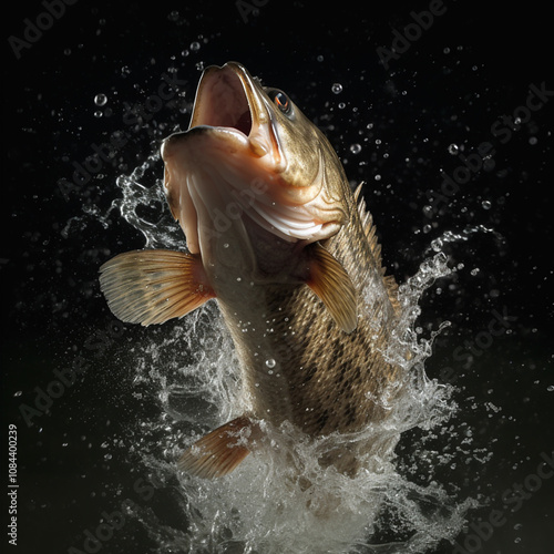 A fish is leaping out of the water, with its mouth open and its gills exposed