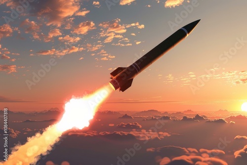 Powerful intercontinental ballistic missile is launching at sunset, leaving a trail of fire and smoke