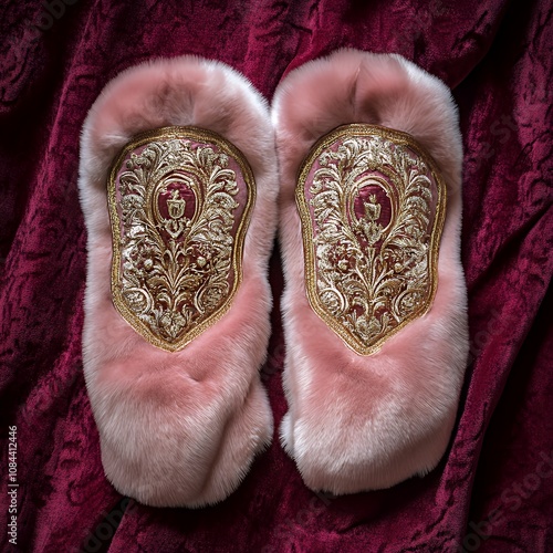 A pair of pink fur arm warmers with gold embroidery and an ornate pattern, lying on a red velvet surface.