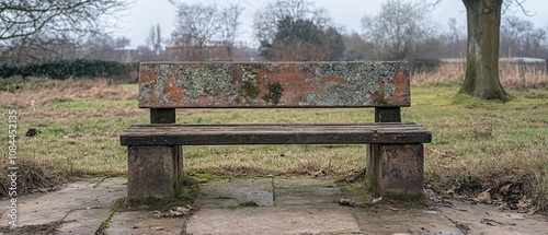 An empty wooden bench with a moss-covered backrest in a park.