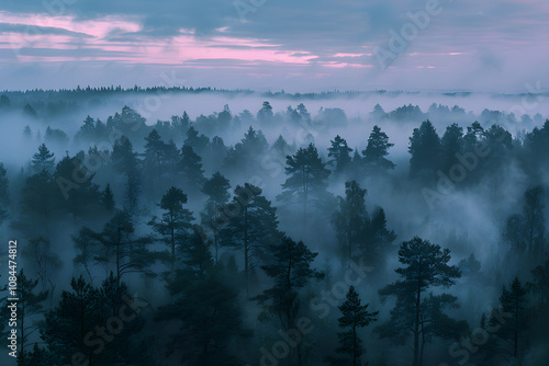 Omnipresence in Nature: Ethereal Dawn Wrapped in Serene Fog