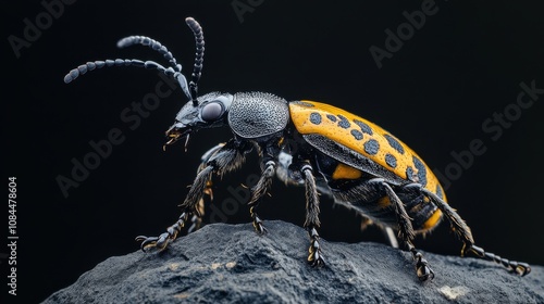 Close-up of a striking beetle with a vibrant yellow and black patterned shell, perched on a dark rock against a black background. The intricate details of its antennae and legs are clearly visible.