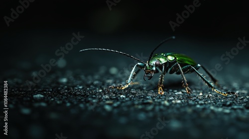 Close-up of a metallic green beetle on a dark surface. Its iridescent shell glistens under an unseen light source, emphasizing its intricate details against the textured background.