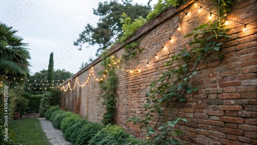 Old brick wall with fairy lights and lush greenery, serene landscape, overgrowth