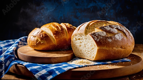 Świeżo upieczone bochenki chleba ręcznie robionego ułożone na okrągłej drewnianej desce nakrytej w tle niebieską, kratkowaną tkaniną