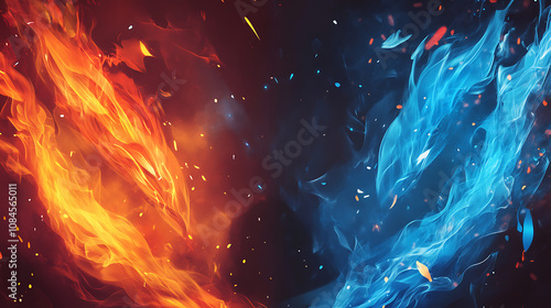 A dynamic versus background for sports games, matches, and tournaments featuring blue and orange flames with sparks