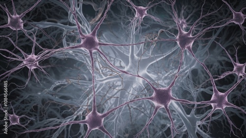 A network of neurons with dark purple nuclei and light purple dendrites and axons, set against a dark background