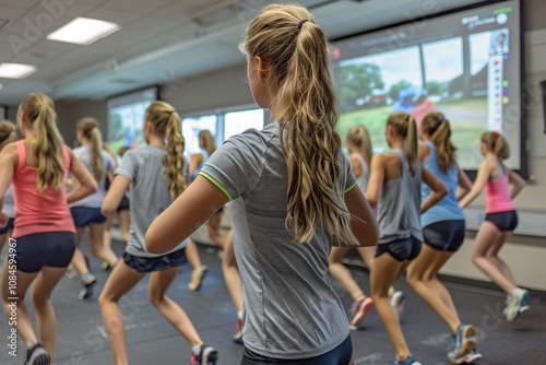 A group of girls engages in a fitness class led by an instructor visible on a screen. They perform synchronized movements in an indoor gym, focusing on exercise and teamwork