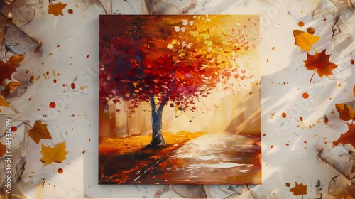 autumn street art, a grunge-style painting of autumn leaves on a street tree with splattered paint in orange, yellow, and gold hues, offering a vibrant and geometric design for your space