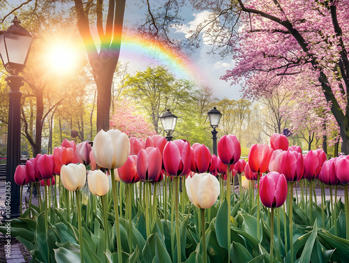 A vibrant spring park scene with tulips, trees, and a rainbow.