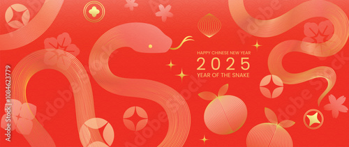 Happy Chinese new year 2025 background vector. Year of the snake design wallpaper with Chinese pattern, gold hanging lantern. Modern luxury oriental illustration for cover, banner, website, envelope.