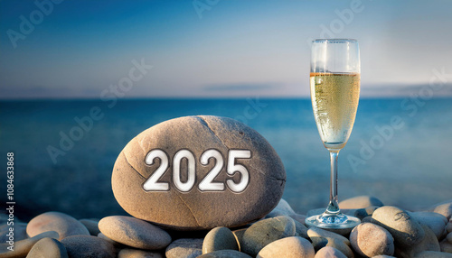 A scenic beach scene with champagne and a "2025" rock, symbolizing celebration and anticipation for the coming year. 