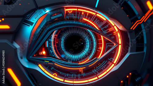 Futuristic robotic eye with digital circuitry and neon glow. Concept of technology, artificial intelligence, and cybernetics