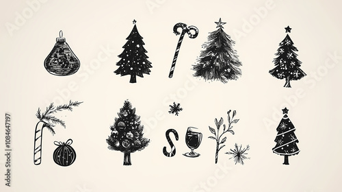 Elegant Hand-Drawn Black Ink Illustrations of Christmas and New Year Celebration Elements: 100 Unique Festive Designs Featuring Trees, Bells, Snowflakes, Gifts, and More