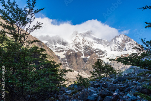 Impressive morning light on a hike up to Mirador Frances and Brittanico in Torres Del Paine national park, Patagonia, Chile.