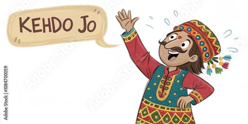 Cartoon illustration of a friendly indian man wearing traditional sindhi clothes, waving with one hand and speaking the words kehdo jo in a speech bubble