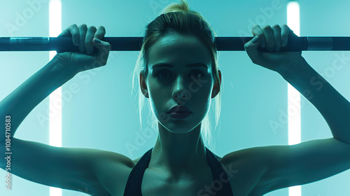 A fit young woman showcases her strength by lifting a heavy iron bar in a dynamic gym environment.