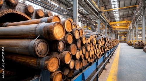 Industrial warehouse with stacks of large metal pipes and yellow overhead cranes.