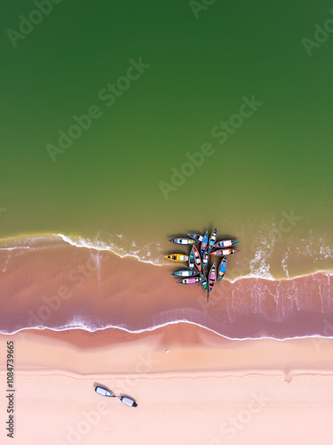 Aerial view of fishing boats at fishery ghat along the sandy coastline of Bay of Bengal, Cox Bazar, Bangladesh.