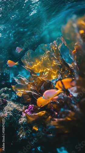 Garibaldi fish swimming near kelp forest in the pacific ocean