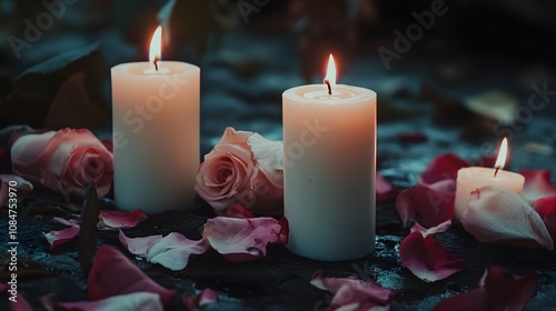 White candles with roses and flowers petals, funeral memrial, sympathy and condolences card, death notice