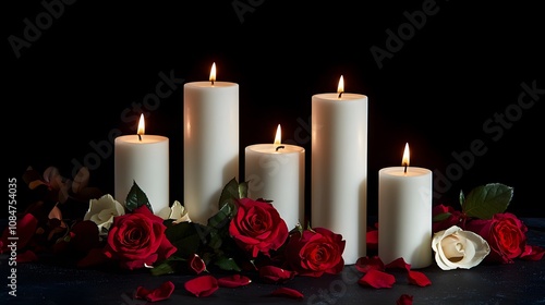 White candles with roses and flowers petals, funeral memrial, sympathy and condolences card, death notice