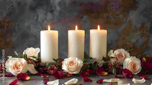 White candles with roses and flowers petals, funeral memrial, sympathy and condolences card, death notice